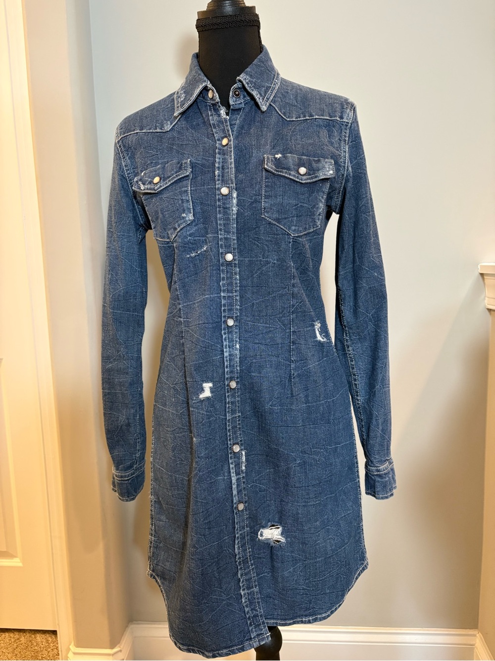 Vintage 90s Moda International Distressed Denim Pearl Snap Shirt Dress